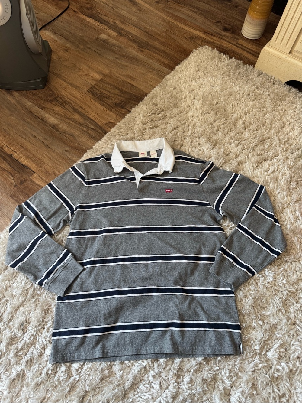 Levi's Gray and Navy Striped Rugby Shirt with White Collar